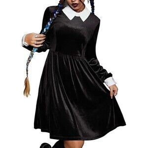 Women's Peter Pan Collar Velvet Dress Long Sleeve Gothic Emo Cosplay